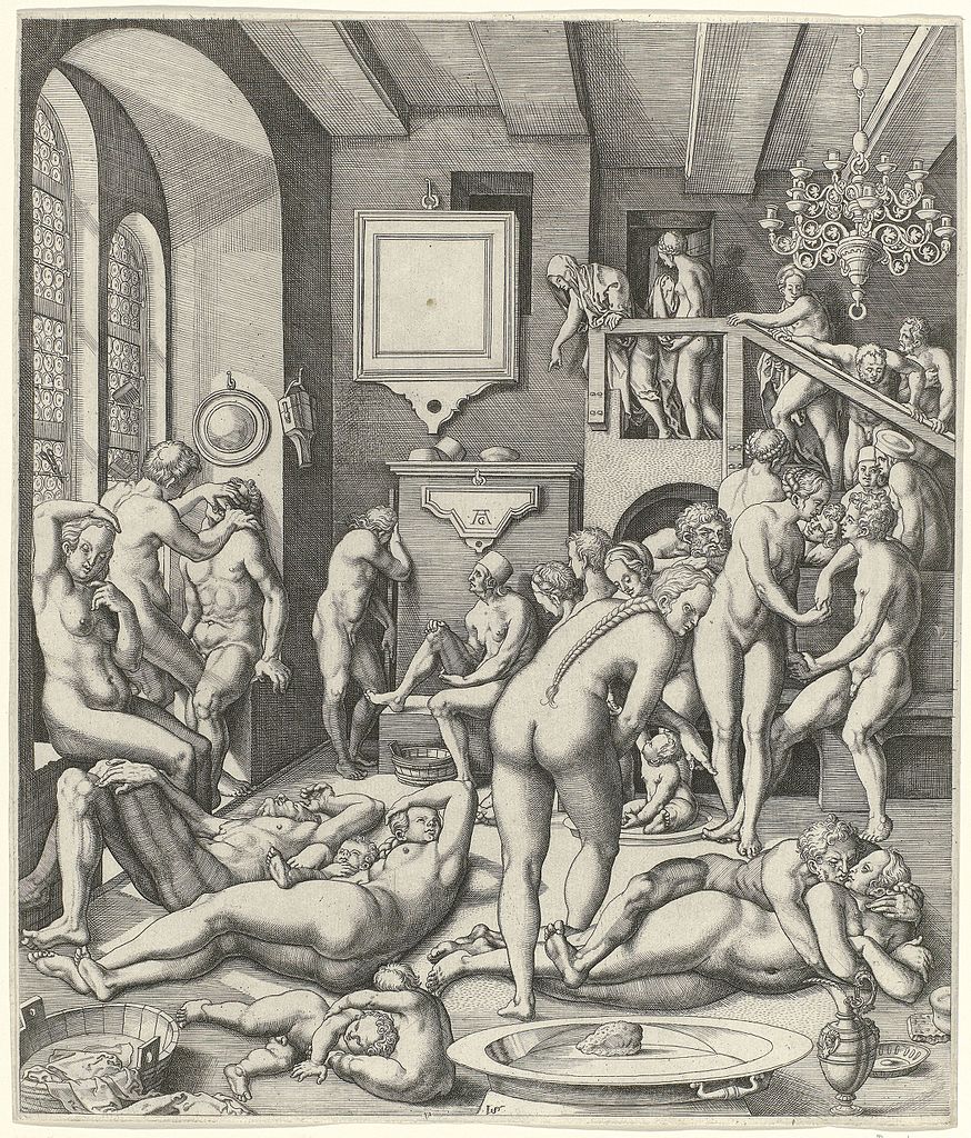 Kupferstich des Inneren eines Badehauses mit Männer und Frauen.
